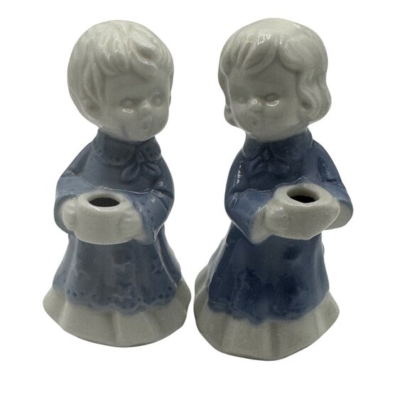 Vintage Ceramic Boy & Girl Figurine Candle Holders 4.5 Blue & White Collectible - Picture 1 of 6